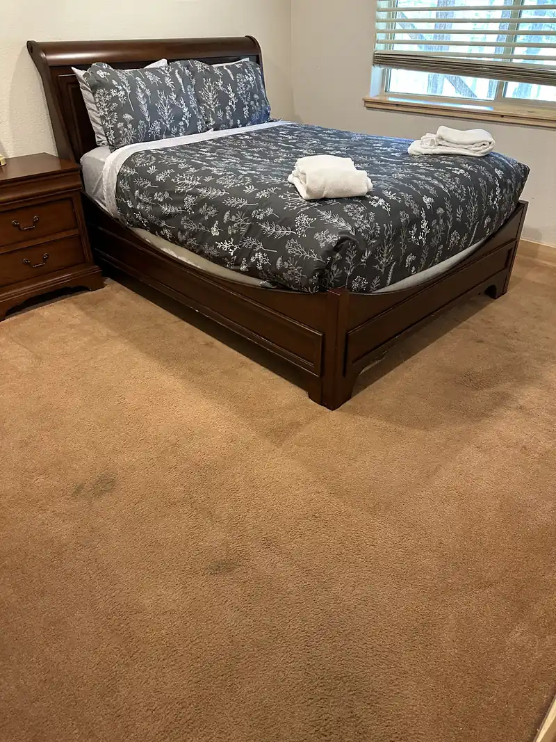 Bedroom with tan carpet before cleaning, with dark spots near the bed
